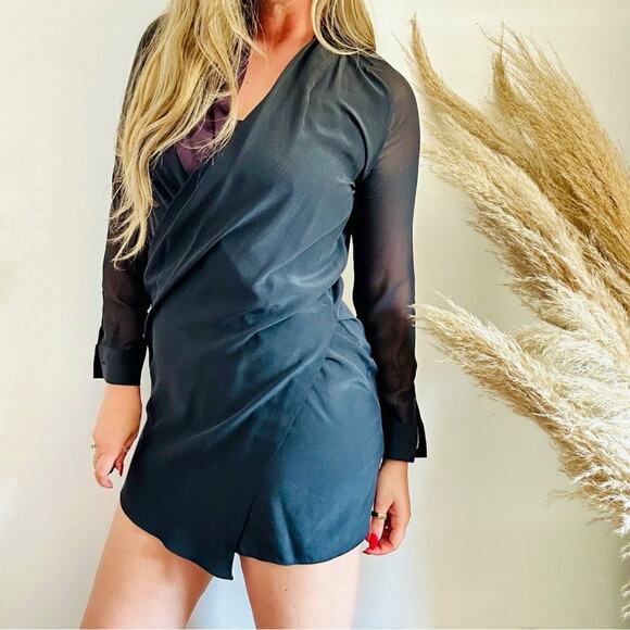 ALLSAINTS Black LBD Long Sheer Sleeve Silk Panel Asymmetrical Ruche Mini Dress 6 - Picture 8 of 13